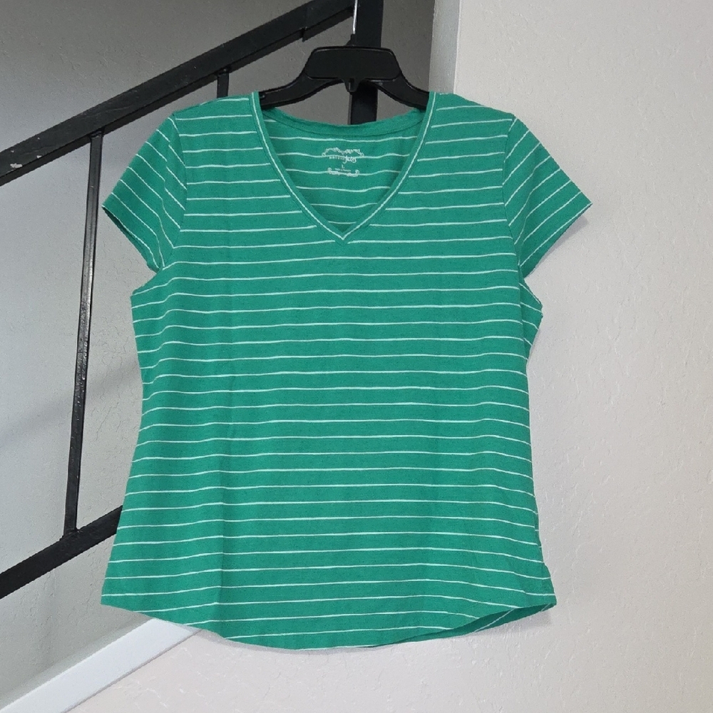 Maison Jules Green Striped V-Neck Tee